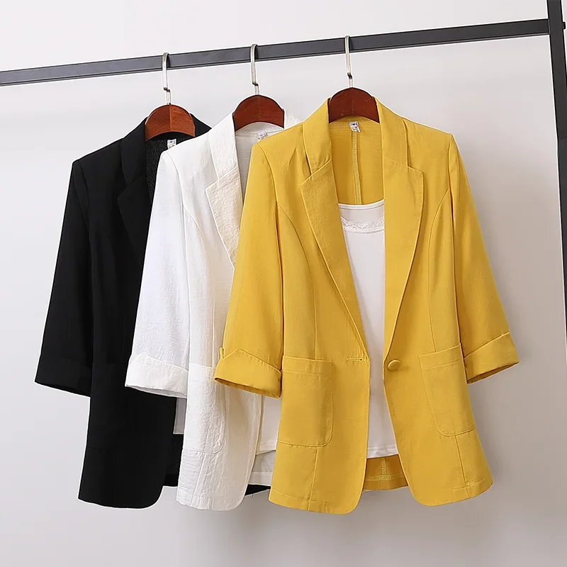 2023 Spring Autumn cotton linen plus size Blazer jacket women Solid 3/4 sleeve Loose Casual Suit Fashion Women Outerwear Tops