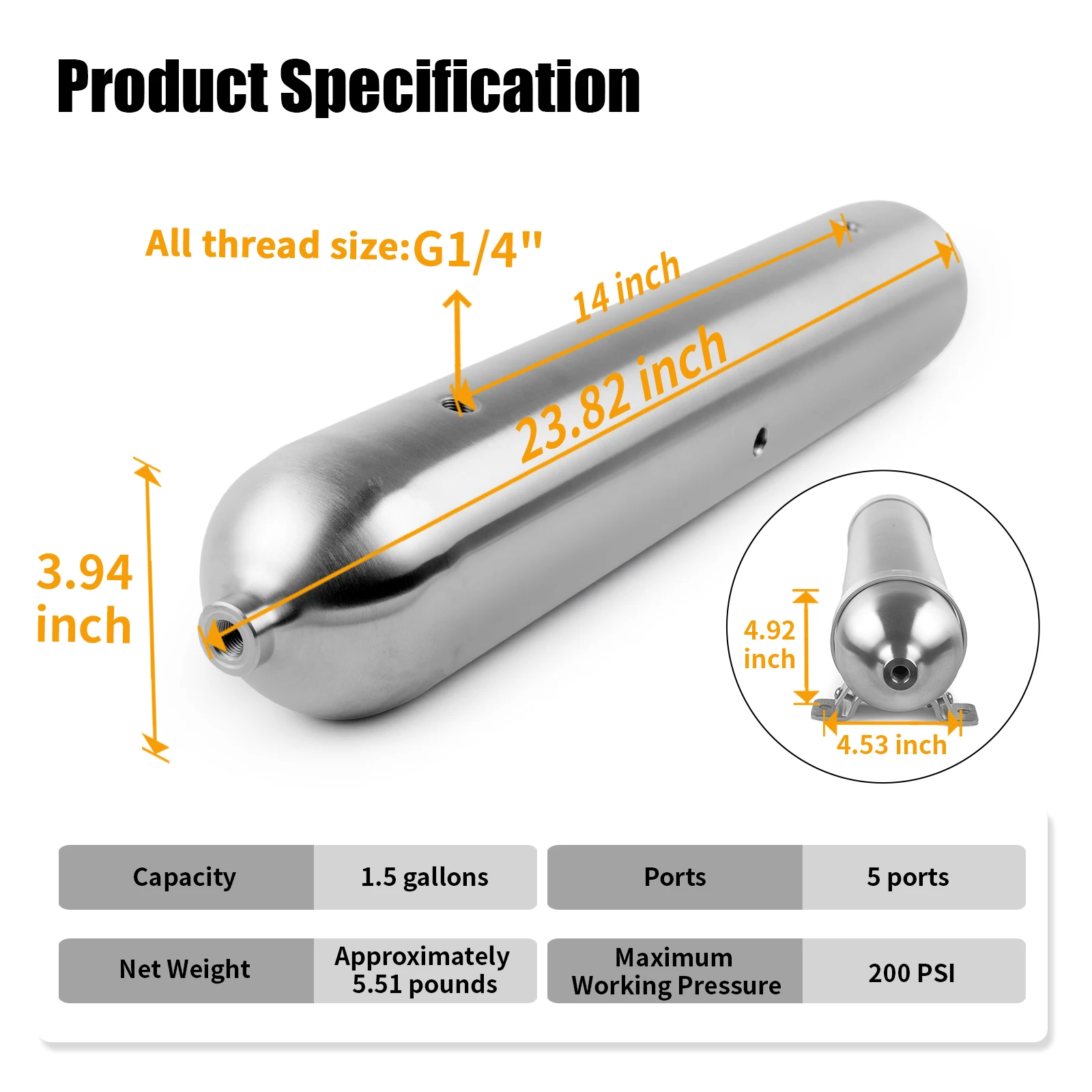 1.5 Gallon Polish 600MM Long Aluminum Seamless air cylinder air tank pneumatic air suspension system tunning vehicle parts