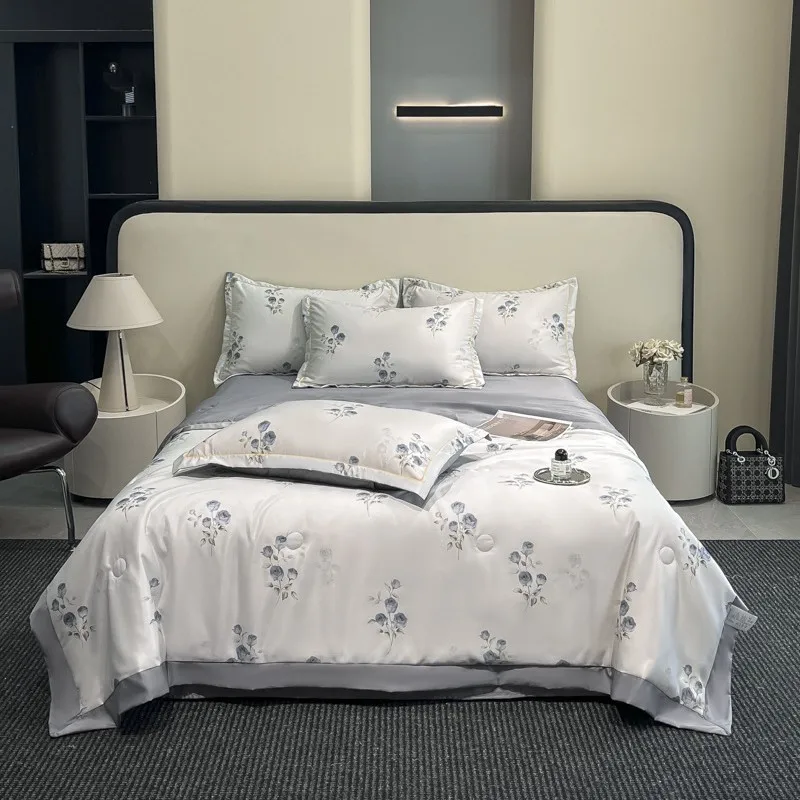 Summer Ice Silk Thin Quilt Blanket Cool And Comfortable Single Double Bed Luxury Washed Printed Silk Air Conditioner quilt