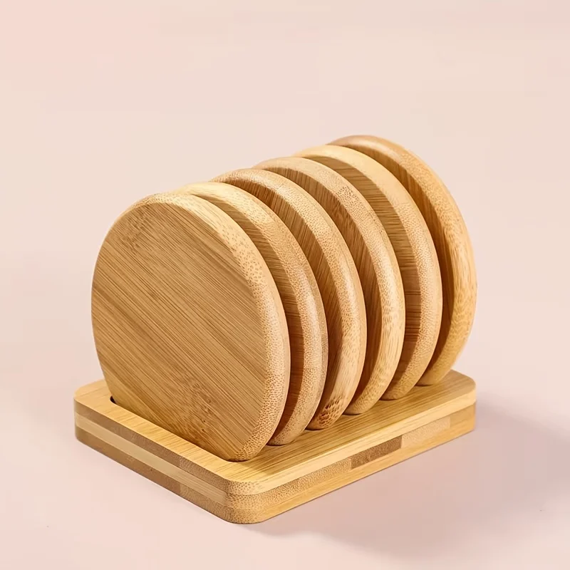Bambusuntersetzer-Set: Einfacher, kreativer Becherhalter, runde Wasserbecher-Isolierunterlage, Bambus-Teetassenhalter, Präsentationsständer-Zubehör