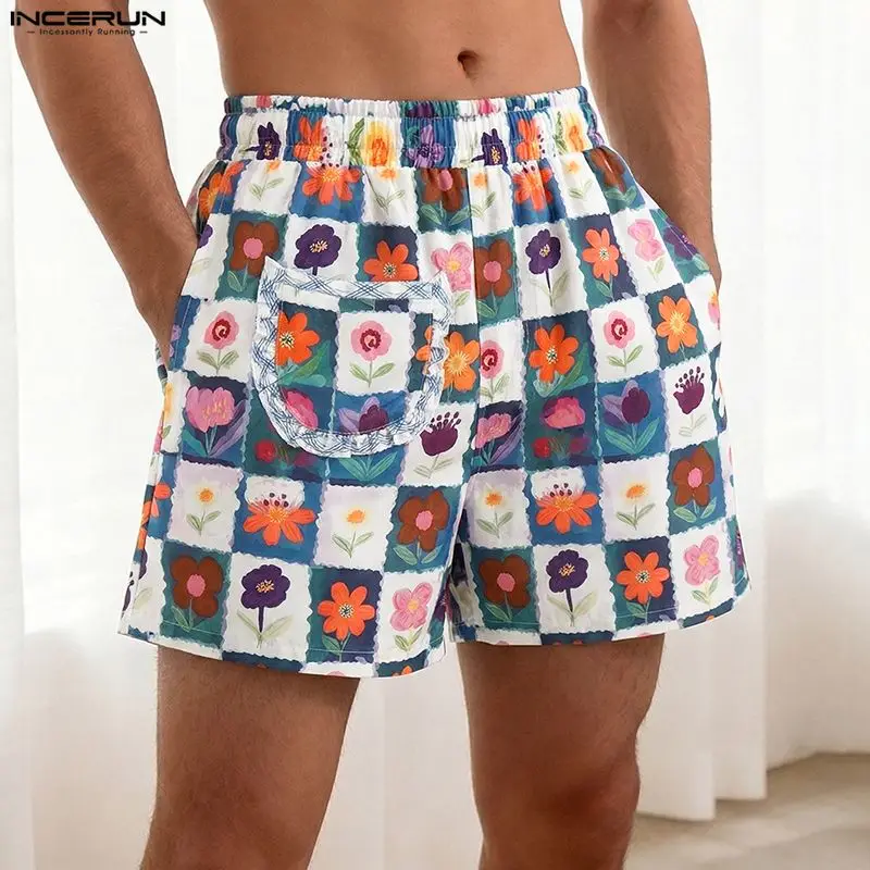 

INCERUN Men's Shorts Flower Printing Plaid Elastic Waist Men Bottoms Summer Loose Vacation Seaside 2026 Fashion Shorts For Man