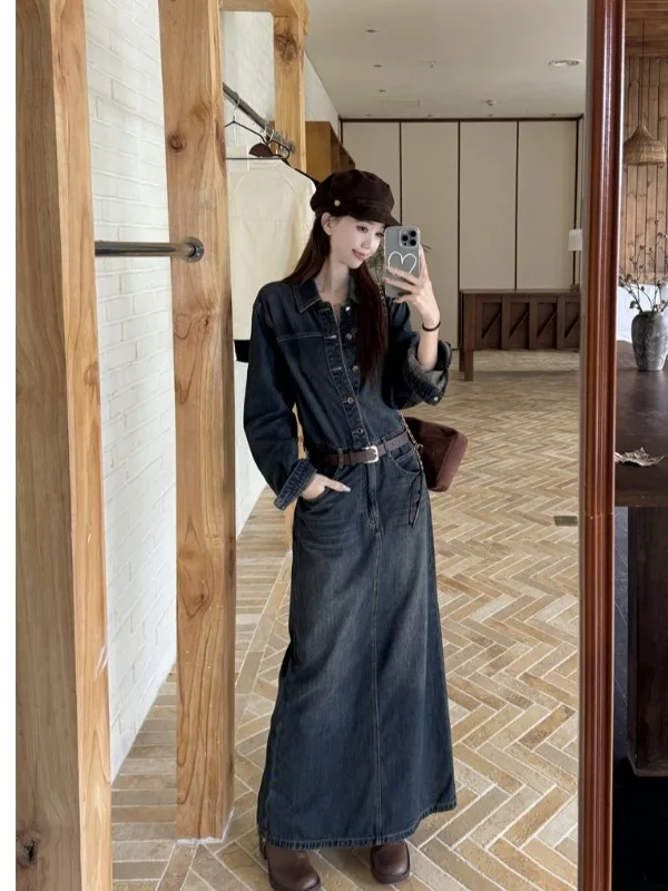 

Retro plus Size Women's Denim Dr Waed Waist Cinching Long Skirt Autumn New Sle Ci Commute High Waist Button Detail