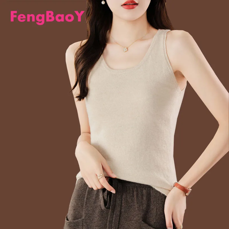 

Fengbaoyu Autumn Winter 100% Pure Cashmere Vest Strap Female with Round Neck Sleeveless Slim Black Bottom Knit Light Luxury Top