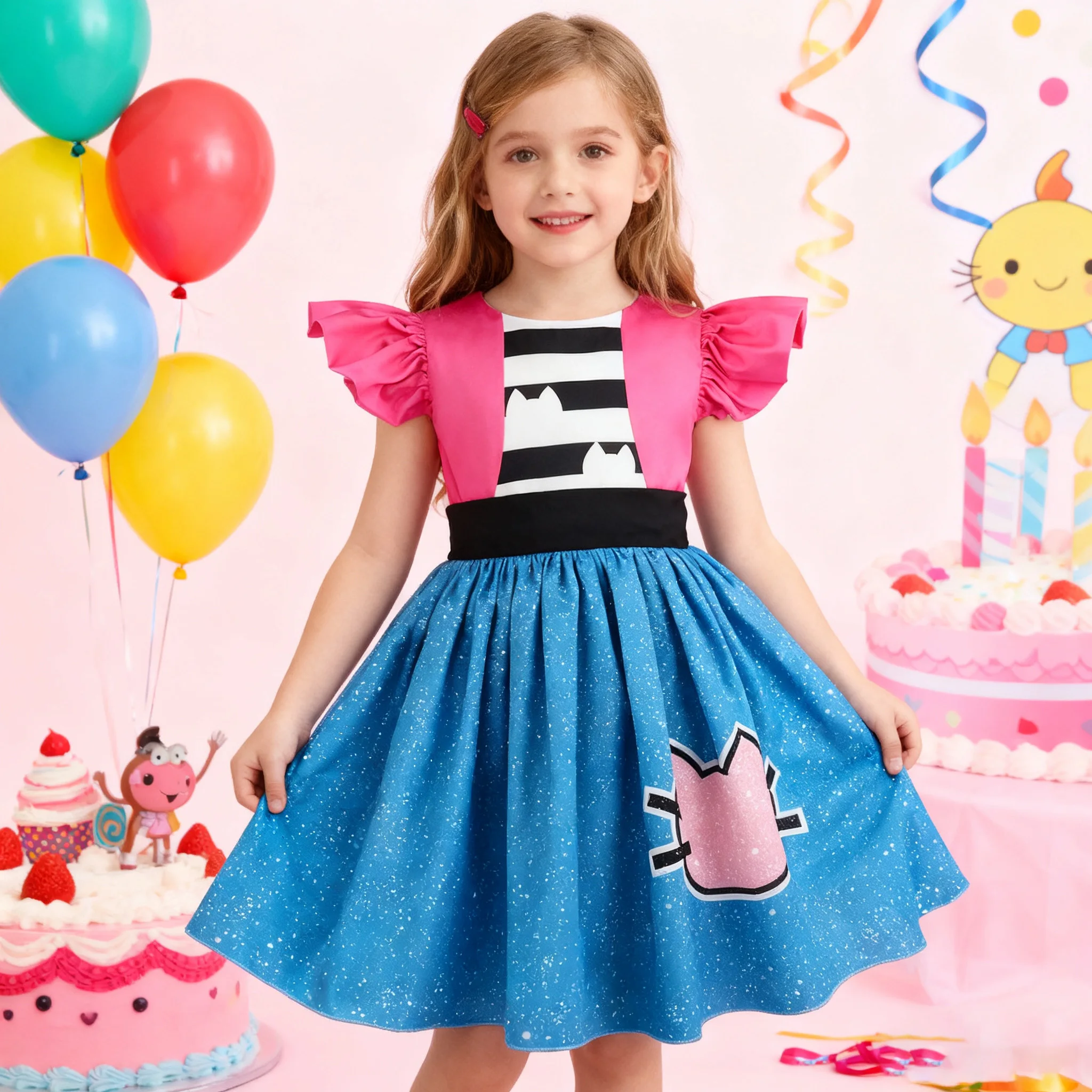 

Летняя одежда Gabbys Cats для девочек, праздничное платье принцессы с кукольным домиком Габби и принтом, детское повседневное детское платье с рукавами-крылышками