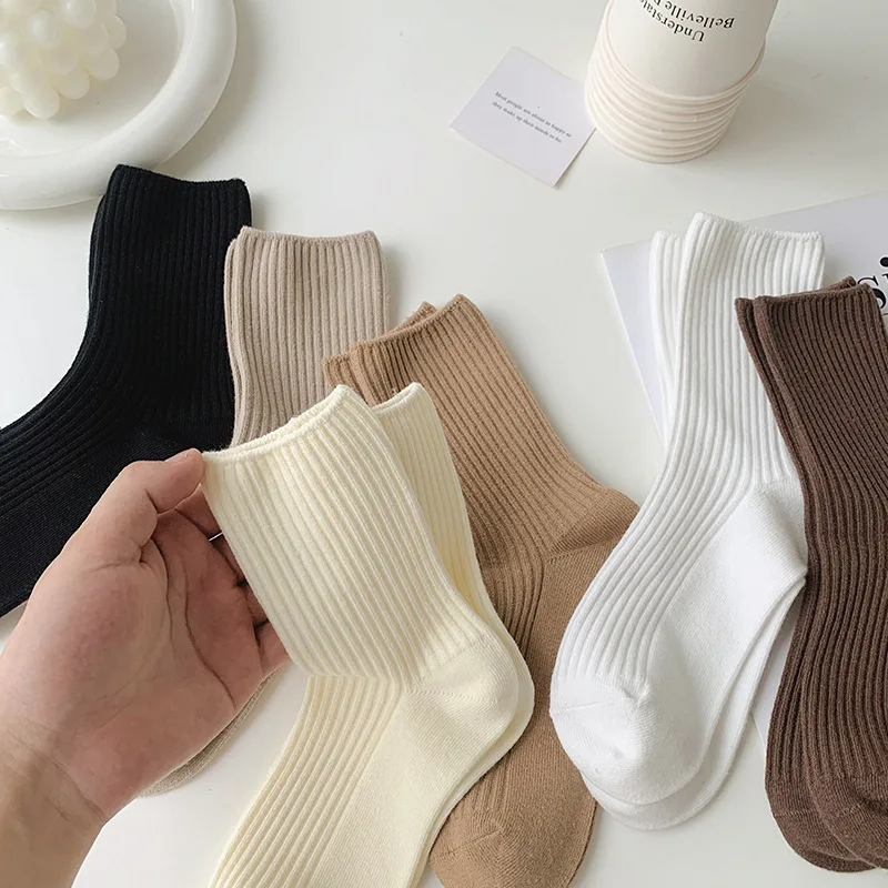 1 Pairs Women Socks Double Needle Simple Solid Color Pure Girl Retro Japanese Style Classical Medium Tube Loose Socks Cotton