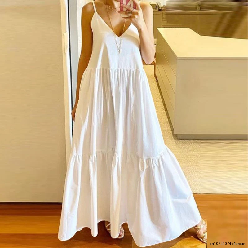 

Fashion Simple A-Line Dress Vestidos Summer Loose Spaghetti Straps V-Neck Maxi Dress Women Casual Solid Color Pleated Long Dress