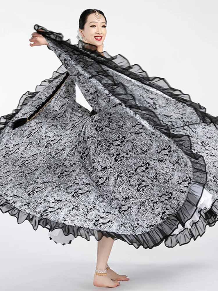 인도 여성 볼리우드 댄스 무대 공연 탑 긴 소매 블랙 메쉬 벨리 댄스 셔츠 오리엔탈 댄스 의상 DQL12132