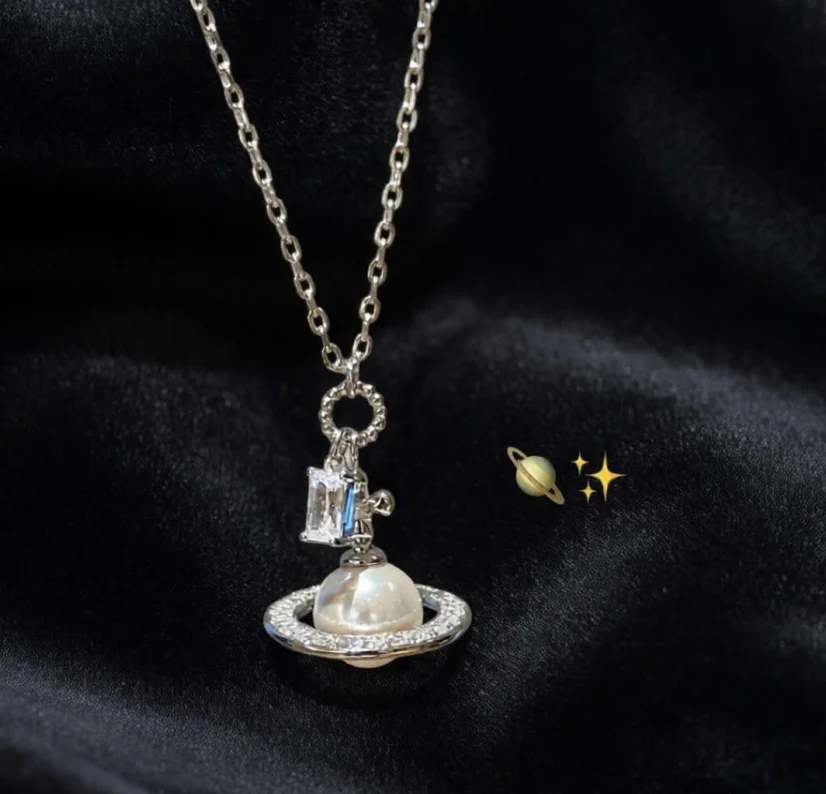 Luxury and Sophisticated High-End 3D Saturn Pearl Necklace - Disc Set with Diamond-Paved Pearl Planet Pendant for Women