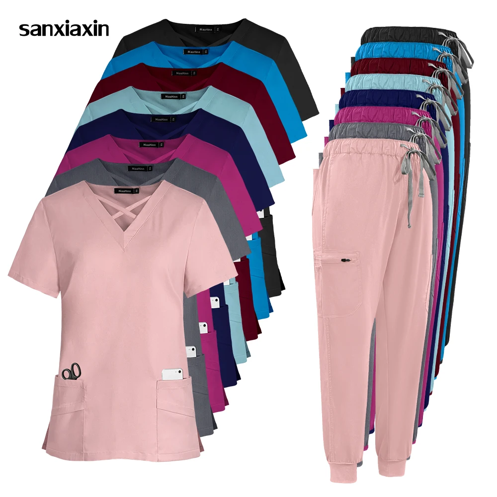 

Stretchy Fade Resistant Doctor Nurse Uniforms V-neck Top Jogger Pants Hospital Scrubs Set Surgical Workwear Dentist Nursing Suit