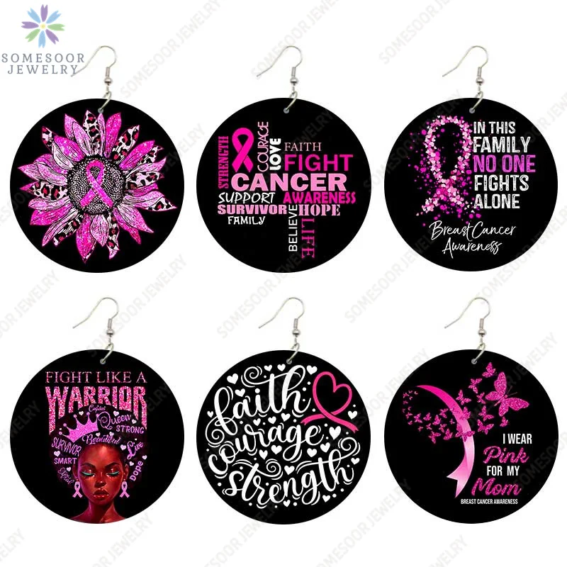 

SOMESOOR Breast Cancer Awareness Print Wooden Drop Earrings Stronger Like Warrior Girl Strength Loops Dangle Jewelry Women Gifts