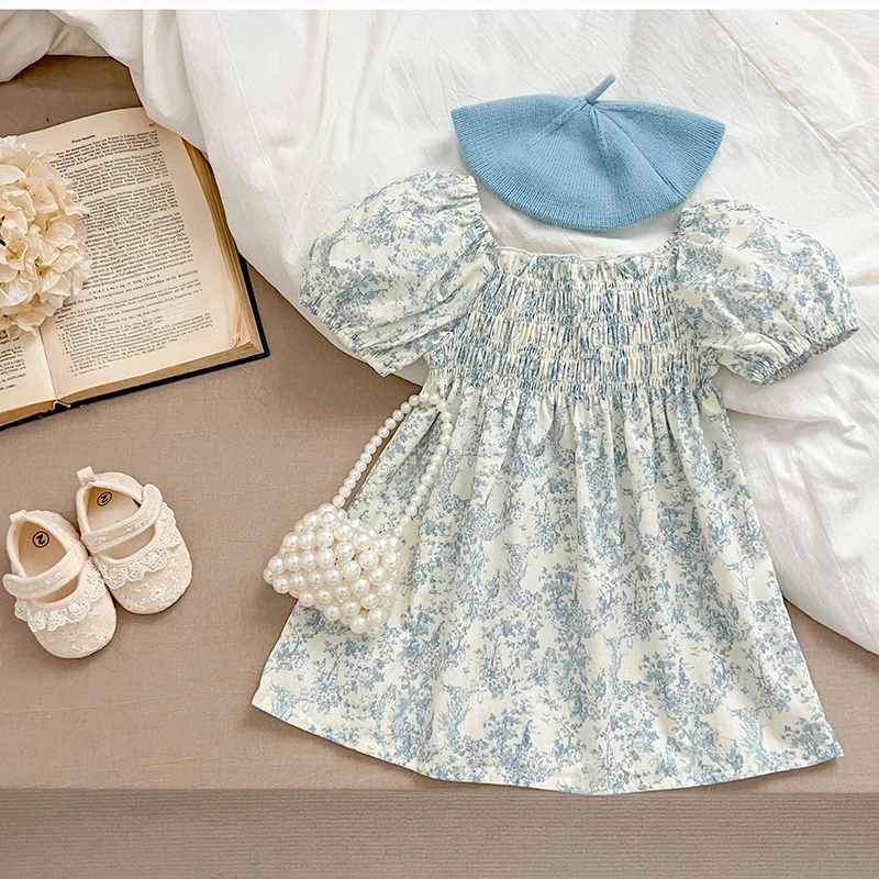 New Summer Clothes Baby Girls Princess Dresses Puff Sleeve Blue Flower Toddlers Vacation Kids Cotton Cute Dress Korean Style