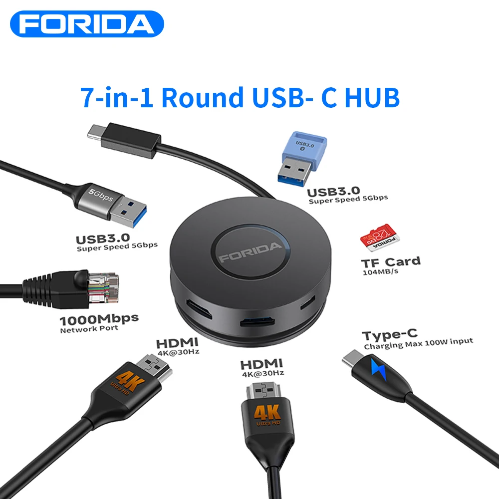 Estação de acoplamento redonda USB C 7 em 1 com porta HDMI dupla 4K 100W PD Gigabit Ethernet USB C 3.0 Hub para laptop/MacBook/Dell/Lenovo