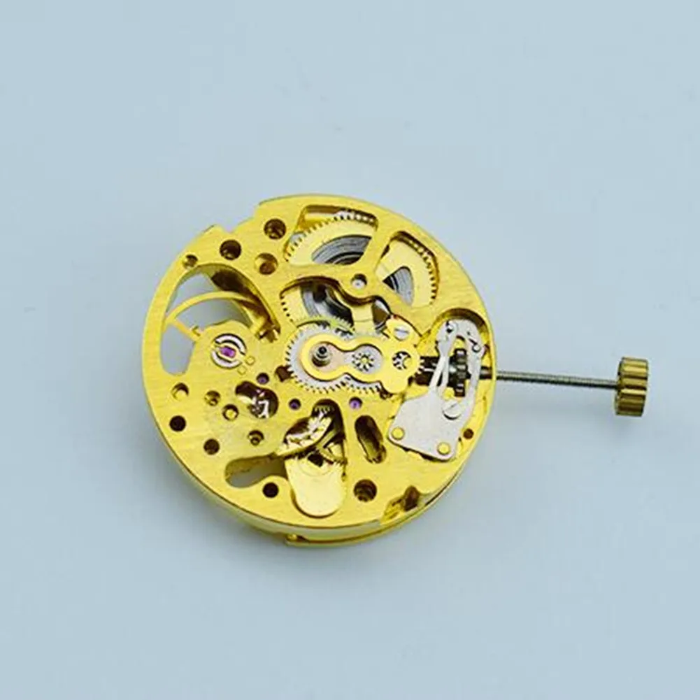 27mm 3 Hands Gold Skeleton 2004 Automatic Mechanical Watch Movement 17-Jewel Adjustment Radiation Pattern Movement 2 Time Zones