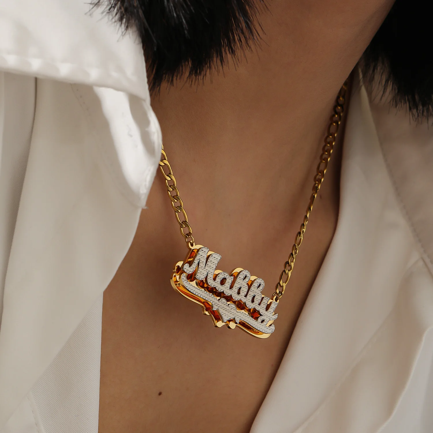 3D Custom Nameplate Necklace 18K Gold Plated Double Layer Two Tone Personalized Name Necklaces With Heart Figaro Chain For Women