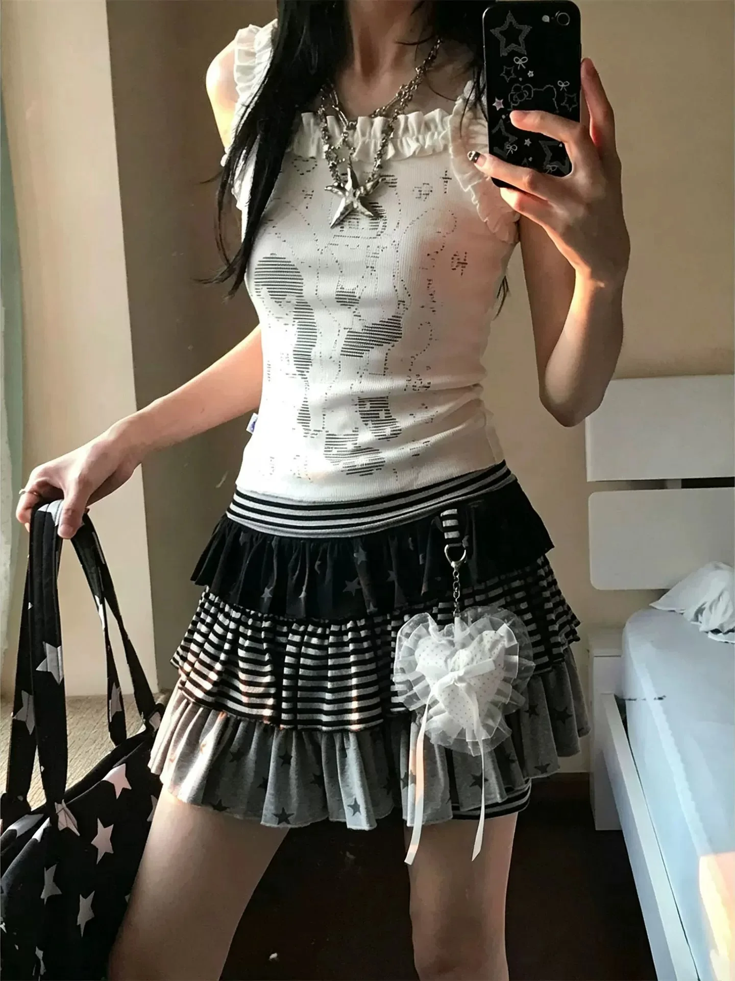 American Style Three-Layer Star And Stripe Cake Skirt Women's Summer New Spicy Girl Anti-Light Base Half Skirt Casual Breatha...