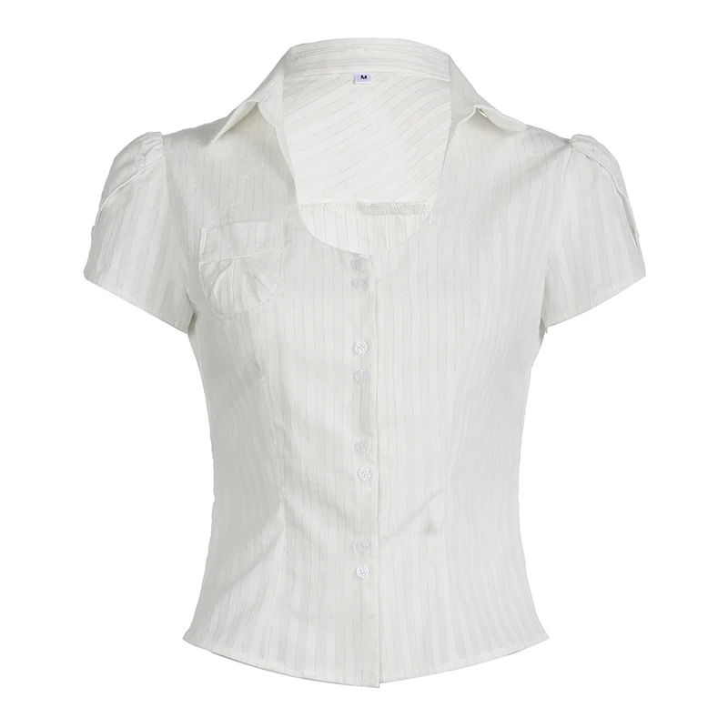 IAMHOTTY Chic Elegant Button-up Shirt White Casual Basic Slim-fitting V-neck Tops French Style Turn-down Collar T-shirts Summer