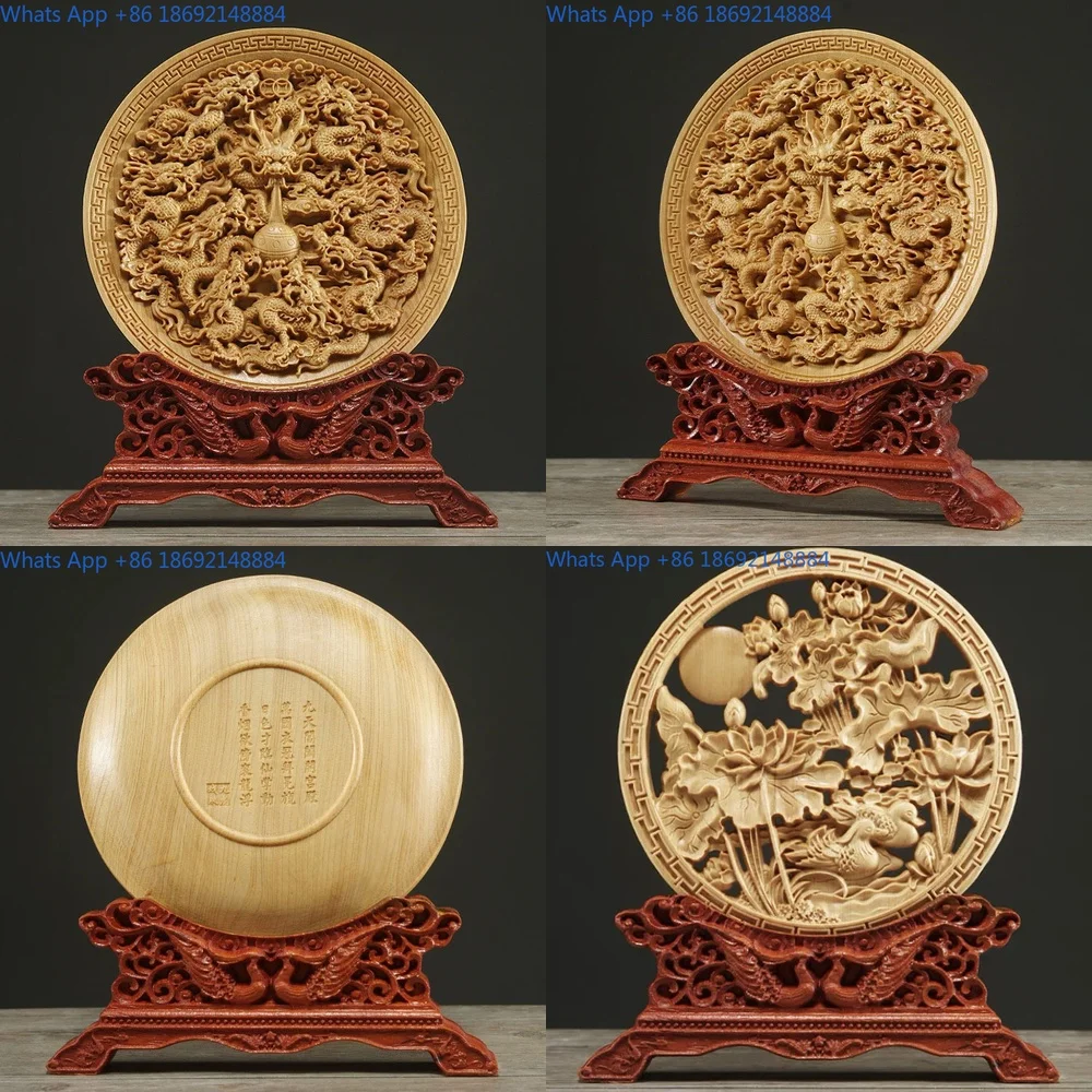 

Round Wood Carved Dragon and Carp Ornament for Living Room Decoration