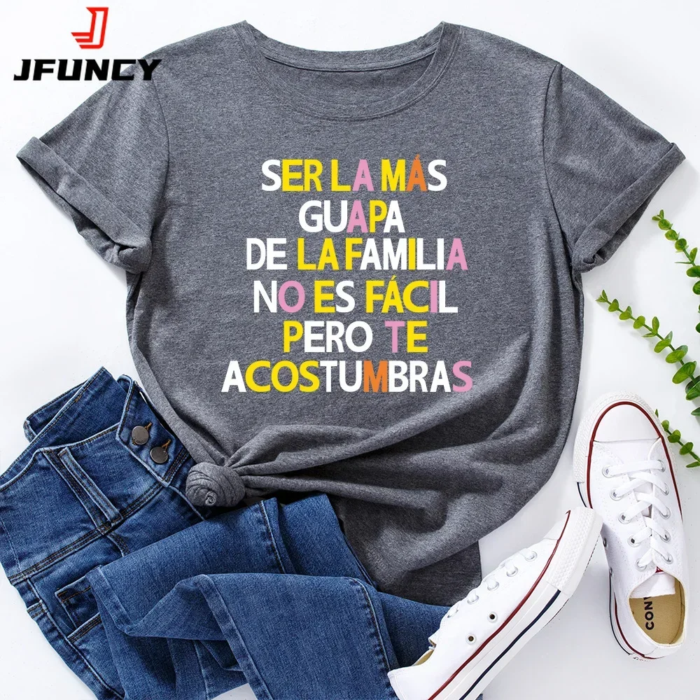 Camiseta de manga curta feminina, estampa simples espanhola, tops femininos de harajuku, camiseta feminina de algodão, verão, 2022