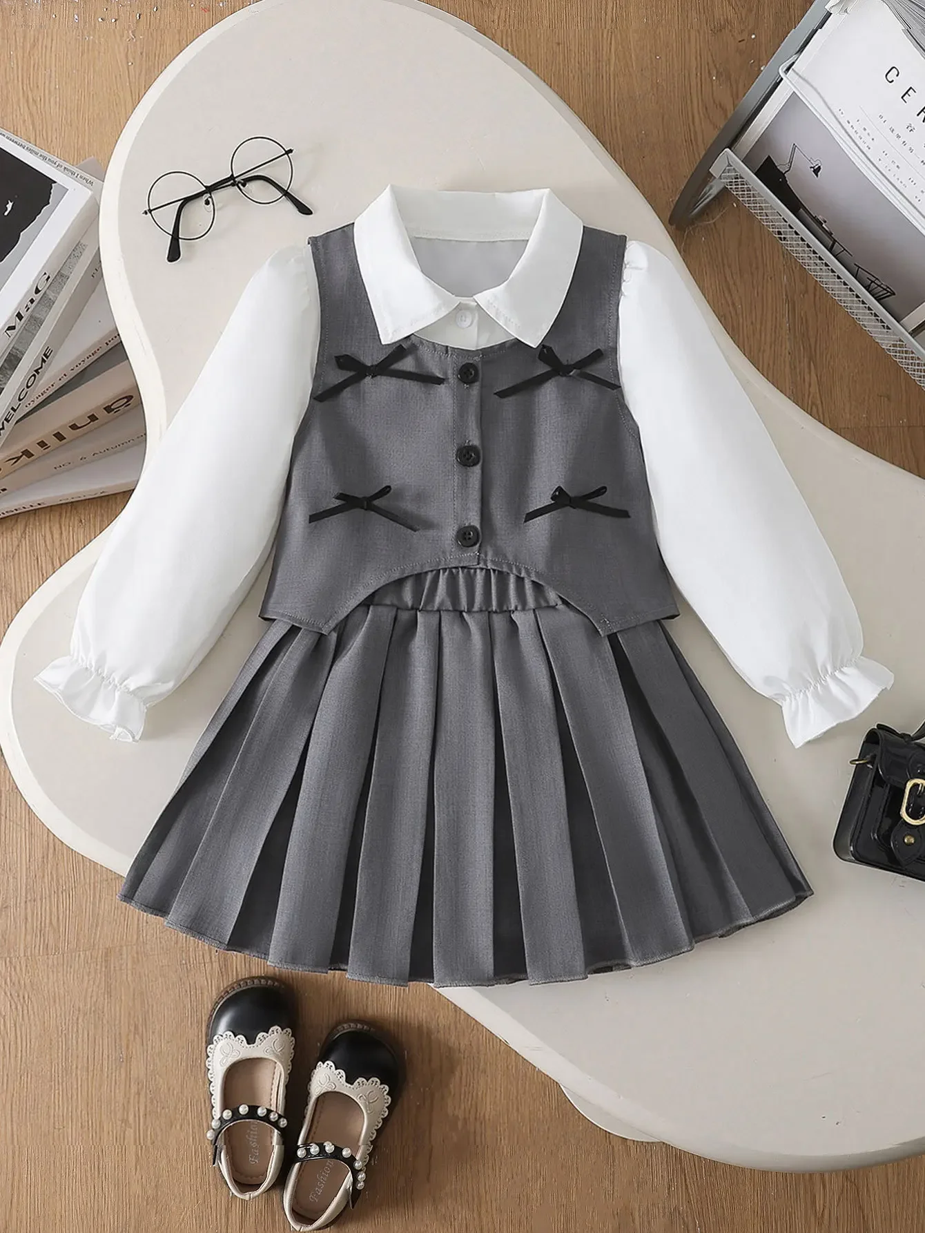 

2025 Baby Girls 3-Piece Sets Vest + Long Sleeve Shirt + Pleated Skirt Outfit for 3-6Y Kids Korean Preppy Uniform Casual Clothes