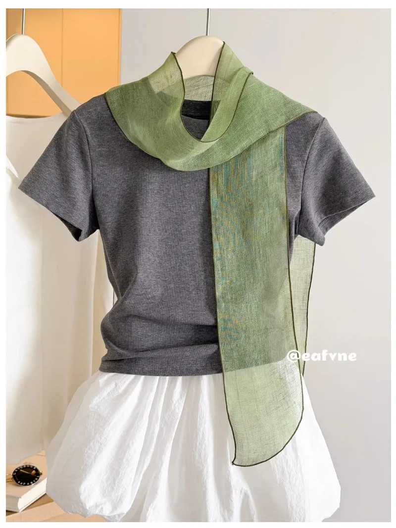 

Vintage Linen Semi-Sheer Scarf Earth Tone Green Streamer Elegant Lazy Style Neck Scarf