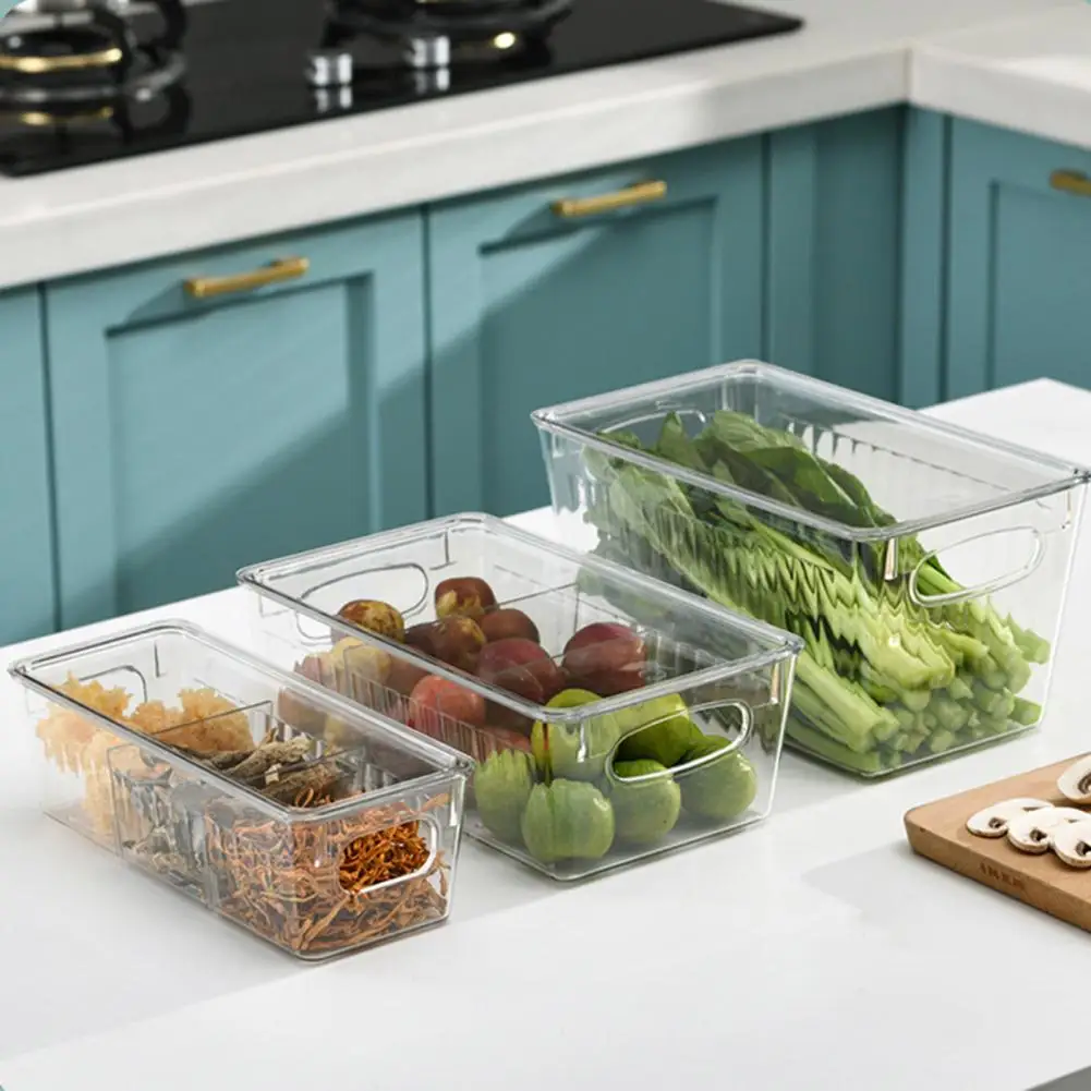 Food Storage Bin with Dividers Transparent Food Storage Box with Handle Divider Non-skid Bottom Vegetable Fruit Caddy for Fridge