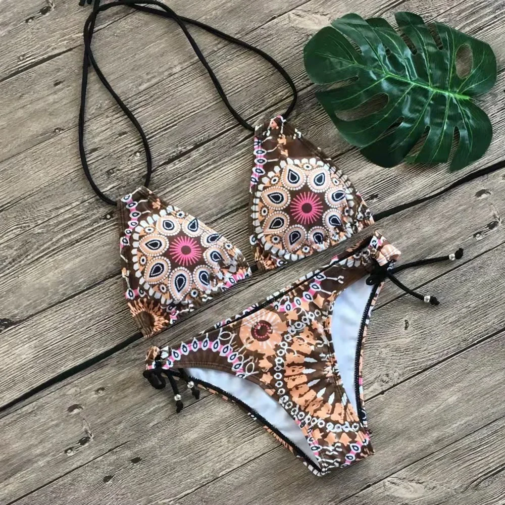 Strój kąpielowy ze stringami w stylu Vintage Boho Bikini oddzielny seksowny stroje kąpielowe bez pleców mikro stringi Trend świąteczny damskie