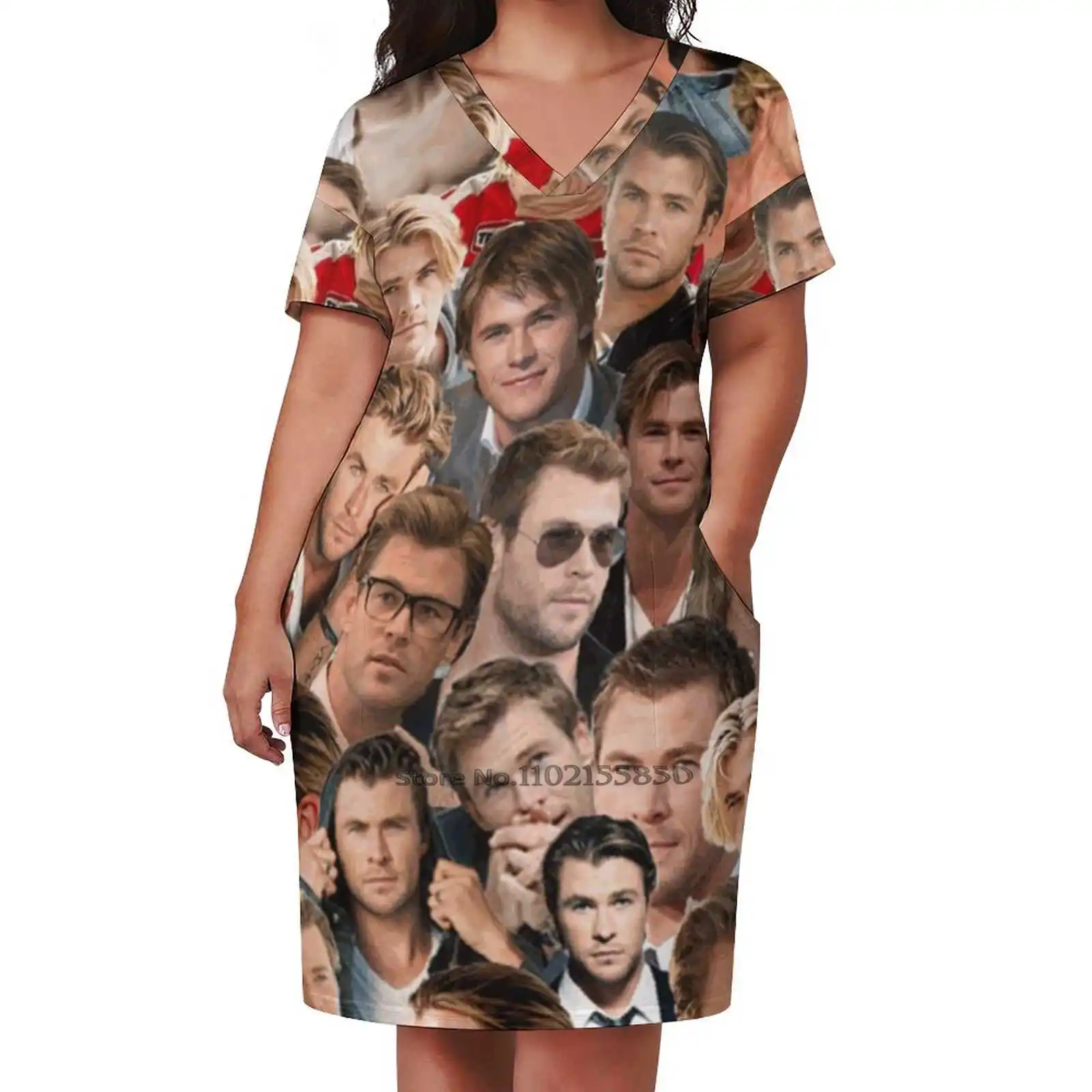 Chris Hemsworth Collage Loose Pocket Dress Women'S Printed Dresses V Neck Casual Dress New Design Chris Hemsworth Chris