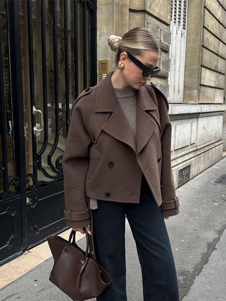 Vintage Brown Double Breasted Short Woolen Jacket Women Elegant Lapel Long Sleeves Pocket Cropped Coat Autumn Chic Lady Outwears