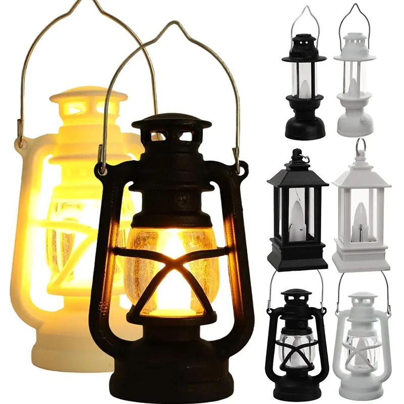 Miniature Retro Oil Lamp for Dollhouse Christmas Village Decoration Battery Operated LED Night Light Table Ornament Black White