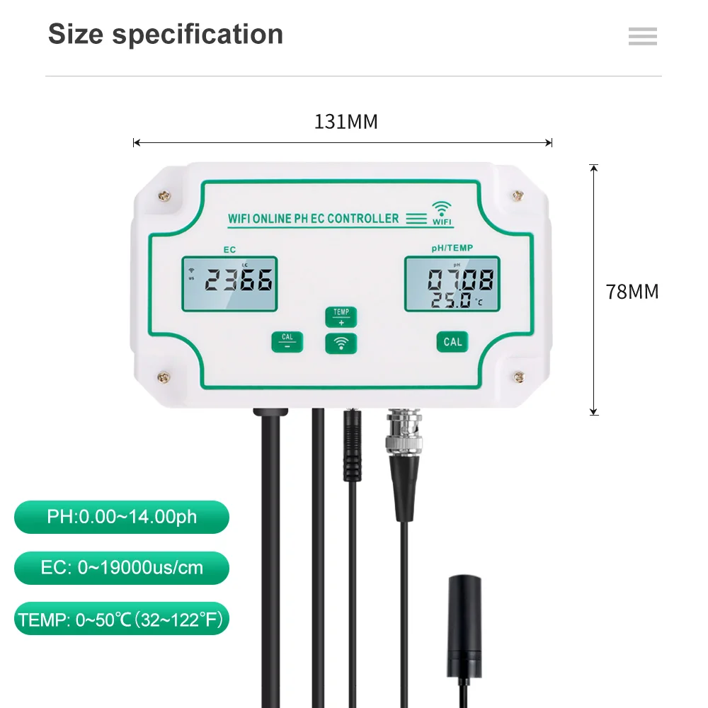 3 in 1 Digital PH&EC Wifi Controller Multi-Parameter Water Quality Tester for Hydroponics,Swimming Pool,Aquario Tuya APP Online