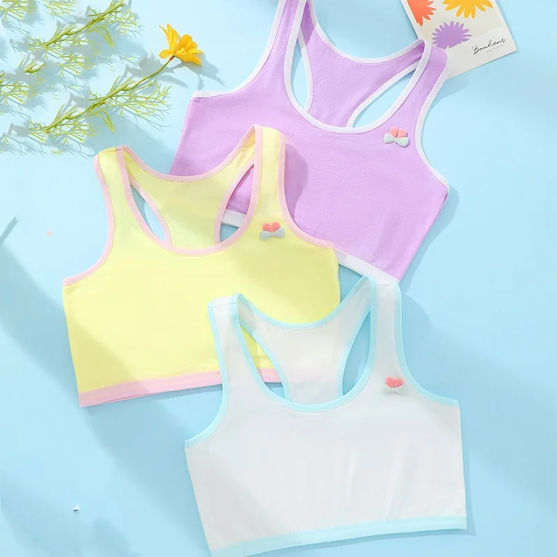 New colored vest 8-16 Y Kids Young Girls Solid Soft Cotton Bra Girls Full Cup Breathable Underwear Training Puberty Bras