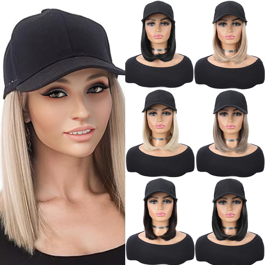 Baseball Cap with Synthetic Hair Extensions Straight Short Bob Hairstyle Adjustable Removable Wig Hat 10 inch for Woman Girl