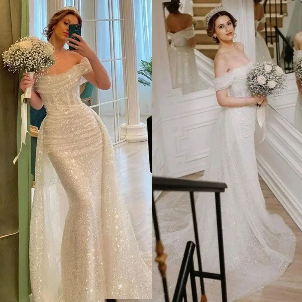 تخصيص جودة عالية طول الأرض قبالة الكتف فستان الزفاف قطار المحكمة أماندا Novias الرسمية حورية البحر كبيرة فستان الزفاف