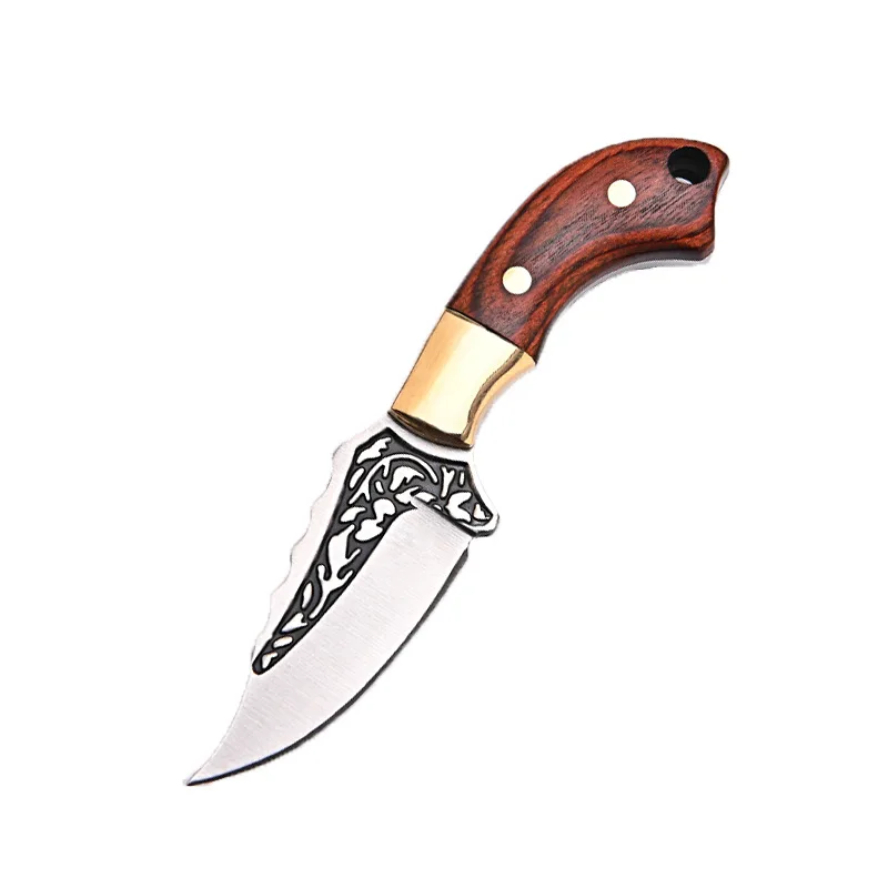 1PC EDC utensili da taglio dritti con manico in ottone + legno piccolo Mini coltello affilato Chopper portachiavi portatile con ciondolo Express Knife