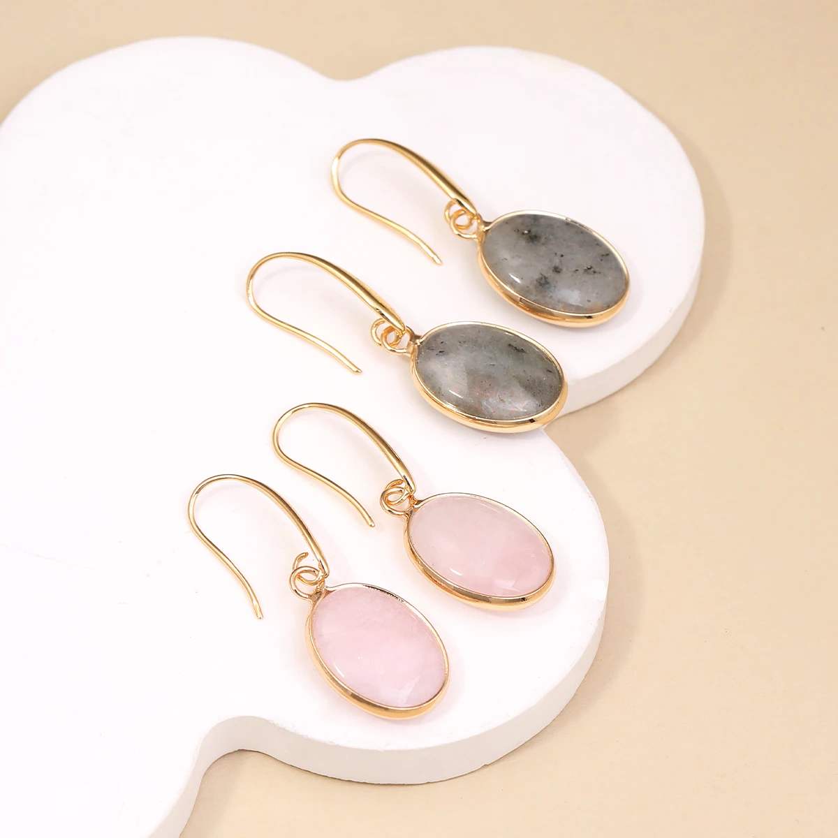 

Fashion Stone Women's Earrings Versatile Oval Natural Gemstone Rose Quartz Holiday Gift Jewelry For Women