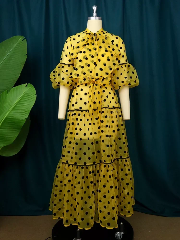 Elegant Women Long Tulle Polka Dot Loose Dress Bow Neck Puff Sleeve Yellow Swing Long Dresses Evening Party Celebrate Vestidos