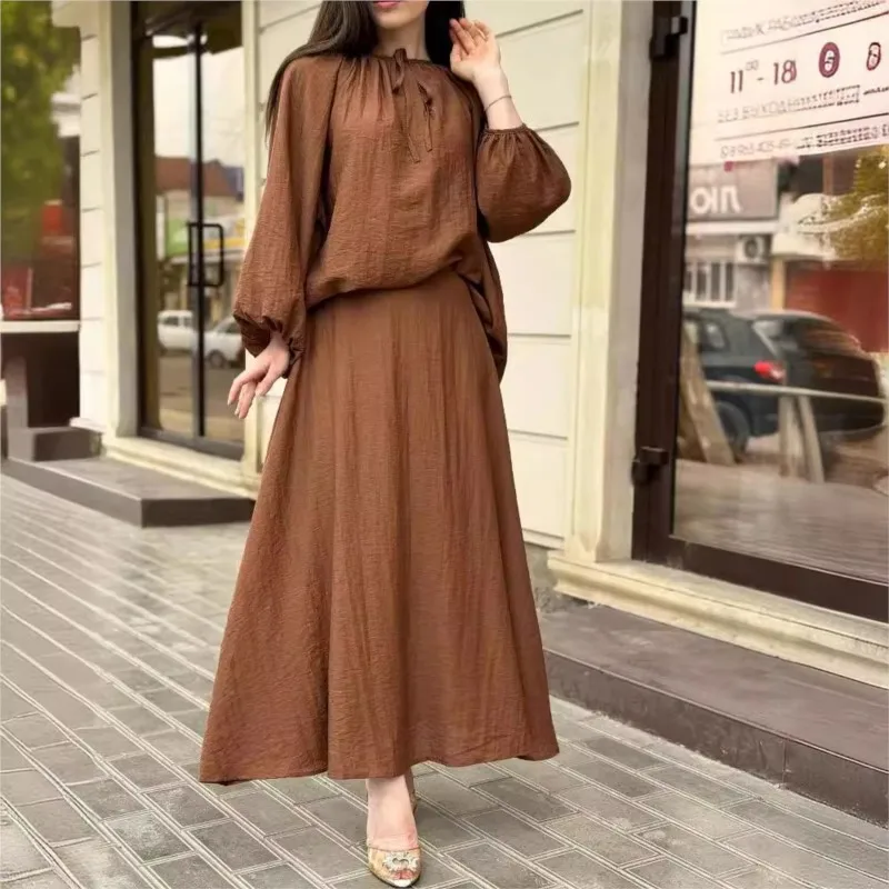 Women\'s Suit 2024 Spring New Casual Loose Skirt Suit Puff Sleeve Loose Top Sweeping Skirt 2-piece Set Womens 2 Piece Outfit Set