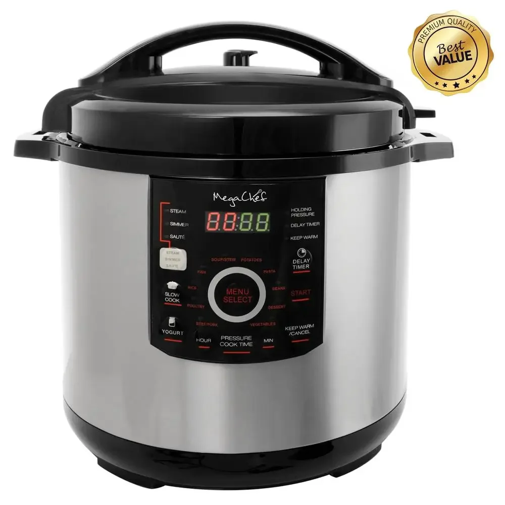 12 Quart Steel Pressure Cooker with 15 Pre-set Functions & Glass Lid Reduced Cooking Time Non-stick Pot Effortless Meal Prep