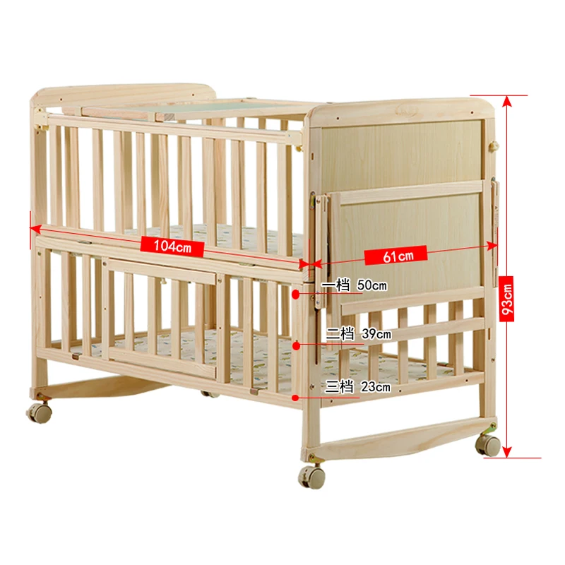 8 in1 Wood Baby Bed With Shelf, Extended Baby Crib, 3 Grade Height Adjust Cot, Can Combine With Adult Bed Pine Baby Bed