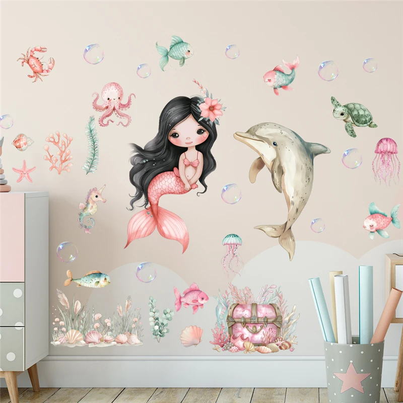 Cartoon Fish Sealife Dolphin Mermaid Wall Stickers For Kids Room Bathroom Decoration Ocean Mural Art Diy Home Decal Girls Poster