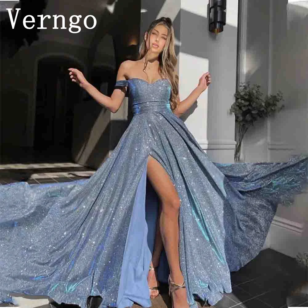 

Verngo Blue Ashimmer Evening Dress Off The Shoulder Prom Gown For Women Sexy Split Party Dress vestidos de fiesta elegantes 2024