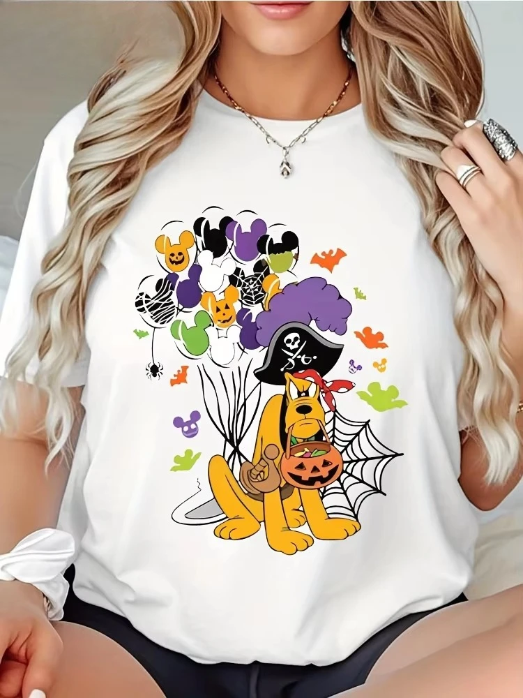 السيدات القراصنة هالوين تي شيرت لطيف بلوتو يرتدي زي القراصنة ونمط شبح الخفافيش عارضة أعلى شخصية الحنين #1