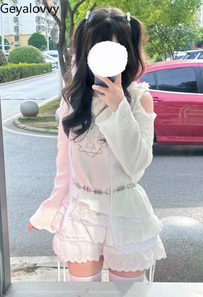 

Off-the-shoulder Printed Hooded White Top High Waist Skirt Set Korean Style Spring Autumn Sweet Loose Thin Women's 2 Piece Sets