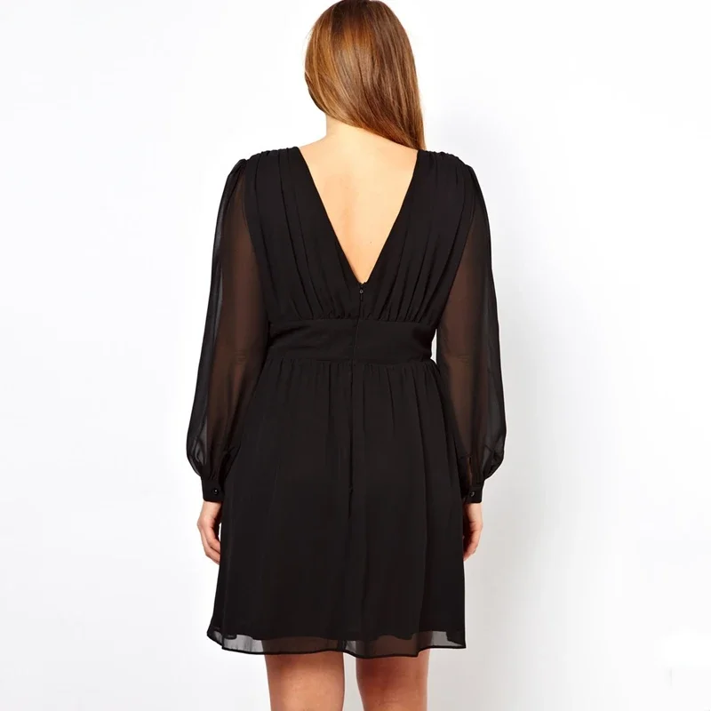 Vestido de fiesta de gasa con manga larga acampanada de talla grande para mujer, vestido Sexy con cuello en V hasta la rodilla para primavera, vestido envolvente negro elegante a la moda