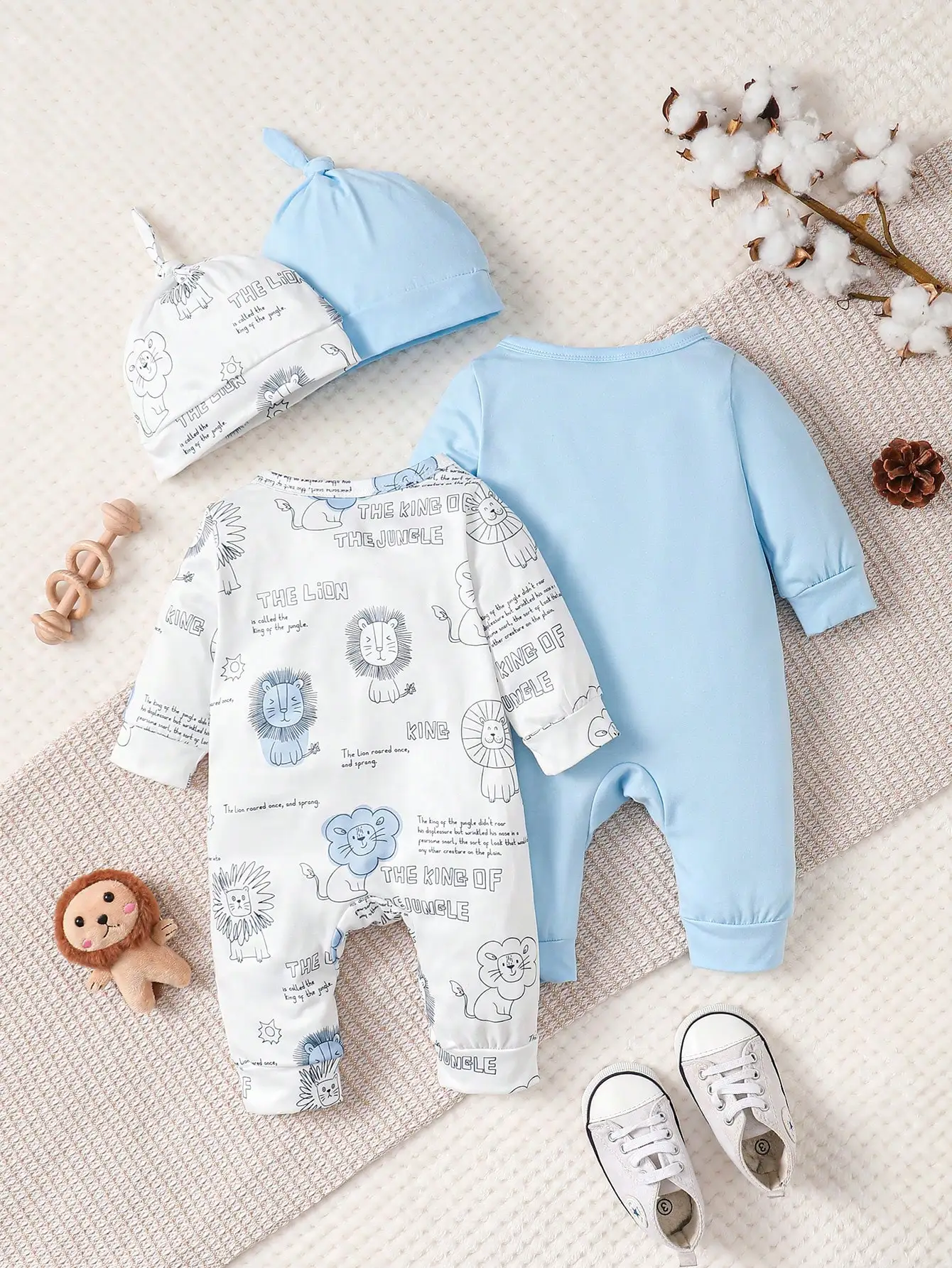 Spring Long-Sleeved Newborn Boys And Girls Baby Onesie Round Neck Simple Cartoon Lion Print Cute Onesie Baby Clothes Knot Hat