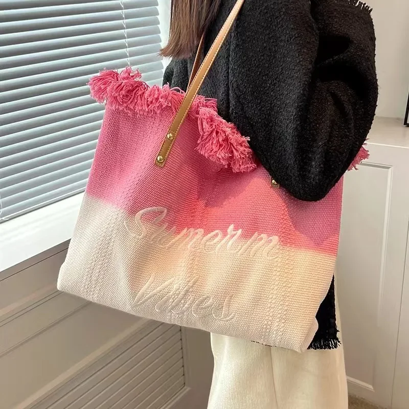 Ins New Gradient Color Large Capacity Tassels Embroidery Canvas Tote Bag Ladies Fashion Simple Shoulder Bag Handbag for Women