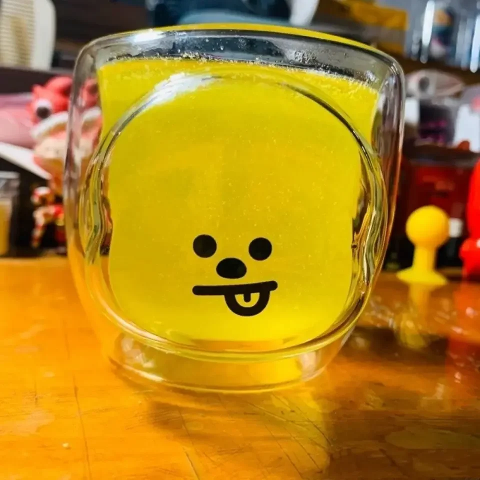 New BT21 Chimmy Anime Kawaii Double Layered Glass Cup Girls Cartoon Tata Shooky Cooky Creative Household Children Milk Cup Gift