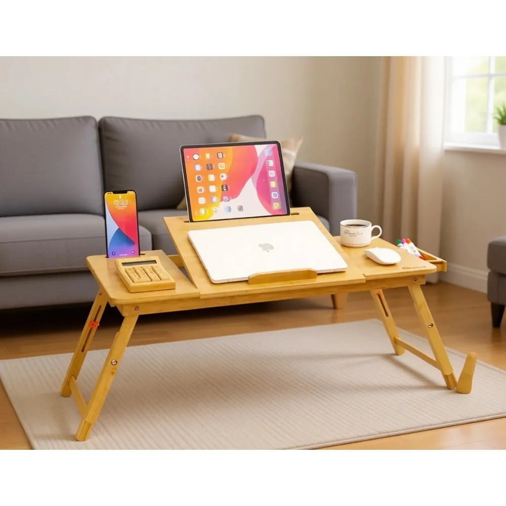 Adjustable Lap Desk for Bed Sofa Floor with Tablet Slot Storage Drawer Foldable Large Tray