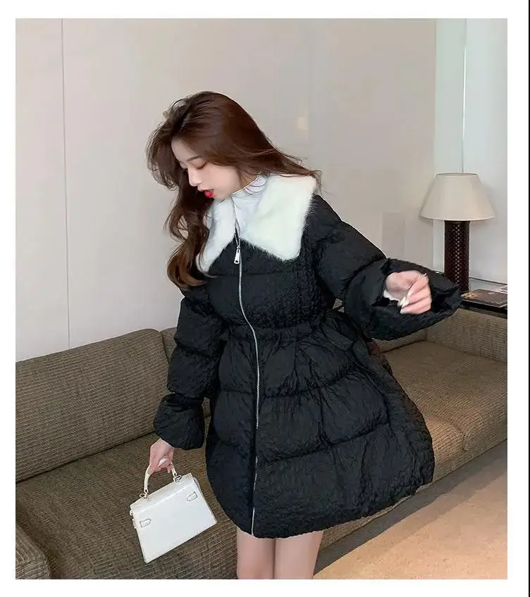Korean Sweet Mid-Length Padded Coat for Women Winter Doll Collar Waist-Cinching Puffer Parkas Woman A Line Fluffy Quilted Jacket