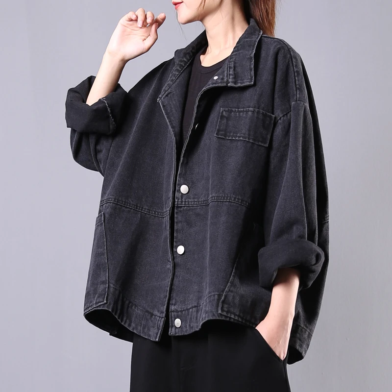 

Retro Distred Denim Jaet Women's Loose Long Sve ort Outerwear Button Detail Straight Cut Commute Sle Single Piece